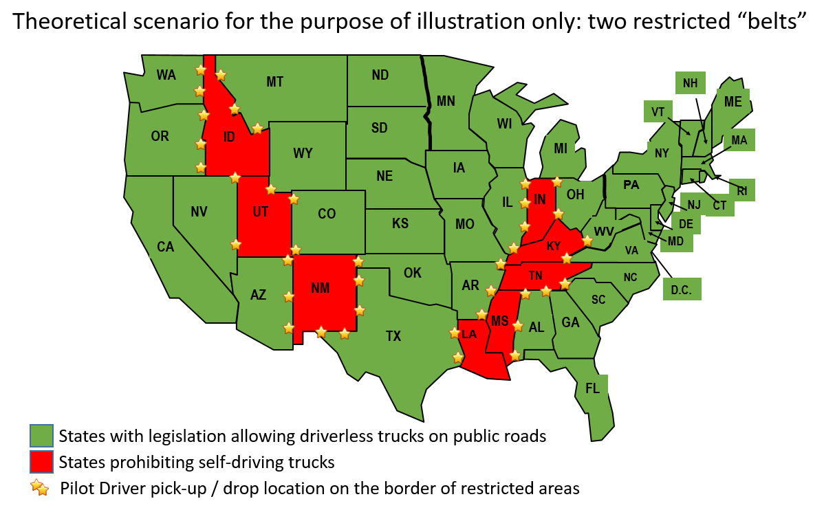 Theoretical scenario: puckup and drop locations around states where driverless legislation is not enacted